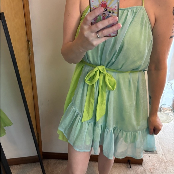 NWT Strut and Bolt Lime Aqua Tiered Chiffon Mini Dress - Picture 7 of 11